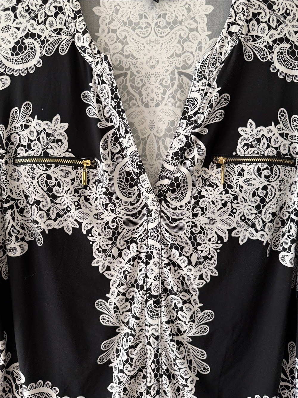INC International Concepts Black and White Lace-Print Button Front Blouse - Picture 3 of 3